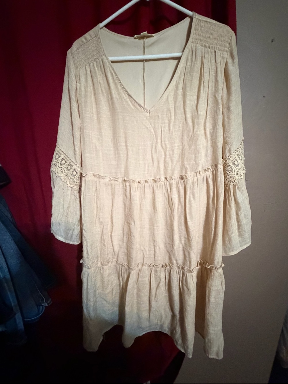 Cream Boho Tiered V-Neck Dress with Lace Trim